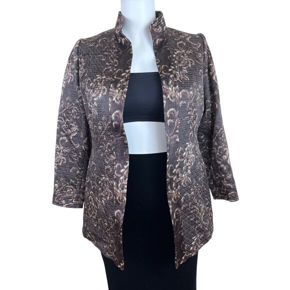 Linda Allard Ellen Tracy Brown & Gold Floral Print Open-Front Jacket Sz 16 - Picture 2 of 11